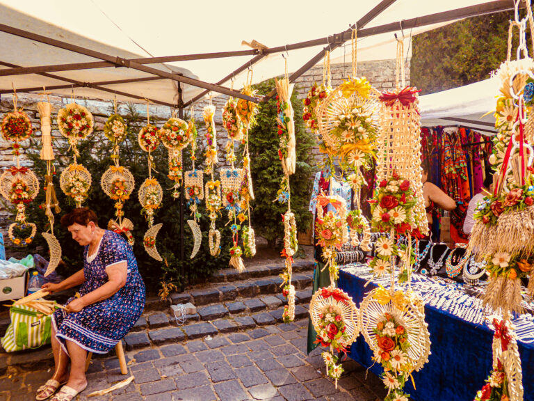 A craft stand displayed in front of the church.
