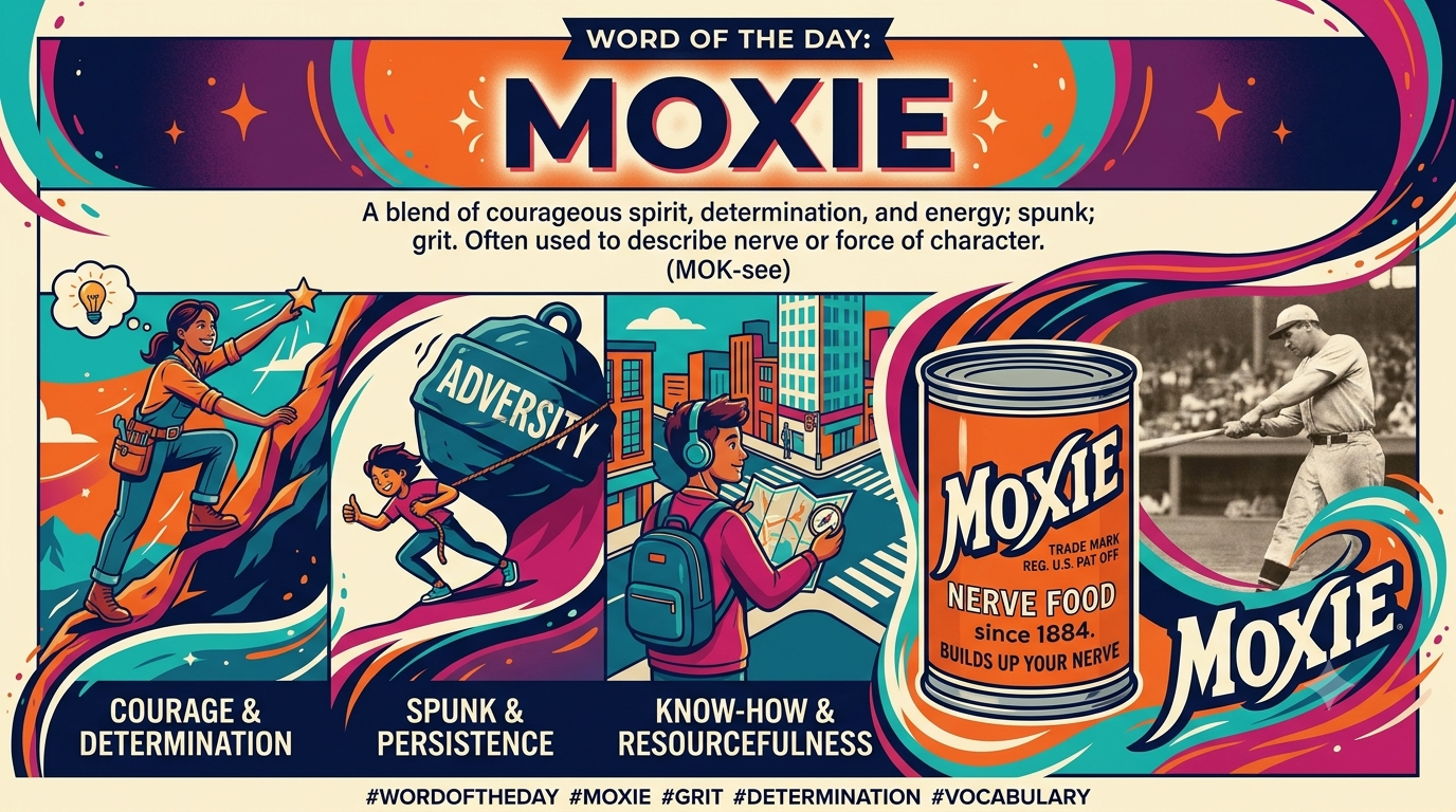 Word of the Day graphic for moxie showing a climber, a child hauling a weight marked adversity, a traveller with a map, and a vintage Moxie Nerve Food can