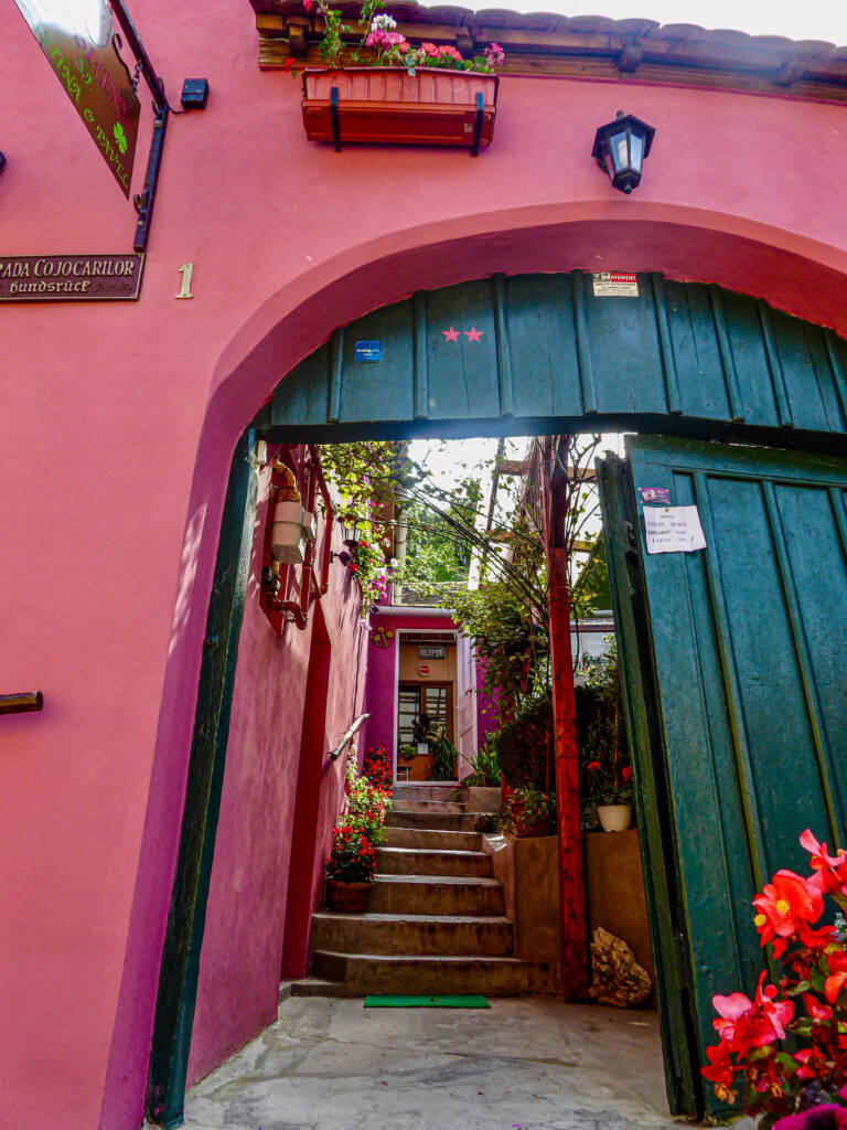 Entrance of a red guest house